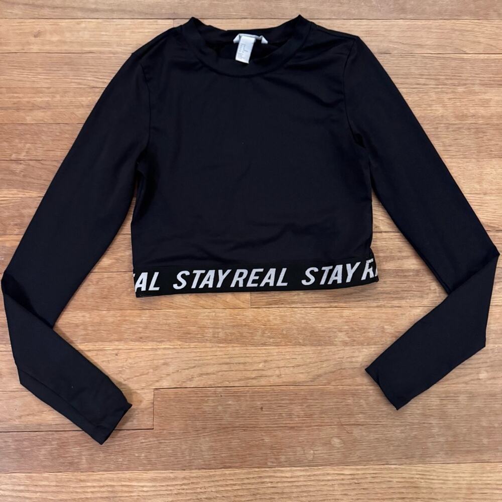 H&M girls black long sleeve STAY REAL stretchy athletic top size medium M
 b76